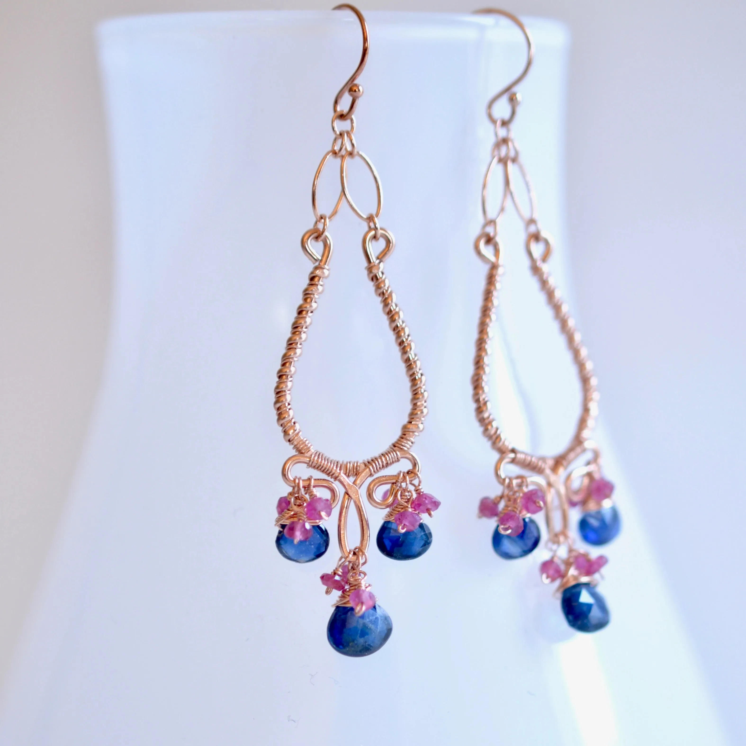 Selena - Kyanite, Pink Sapphires, 14k Rose Gold Filled Chandelier Earrings