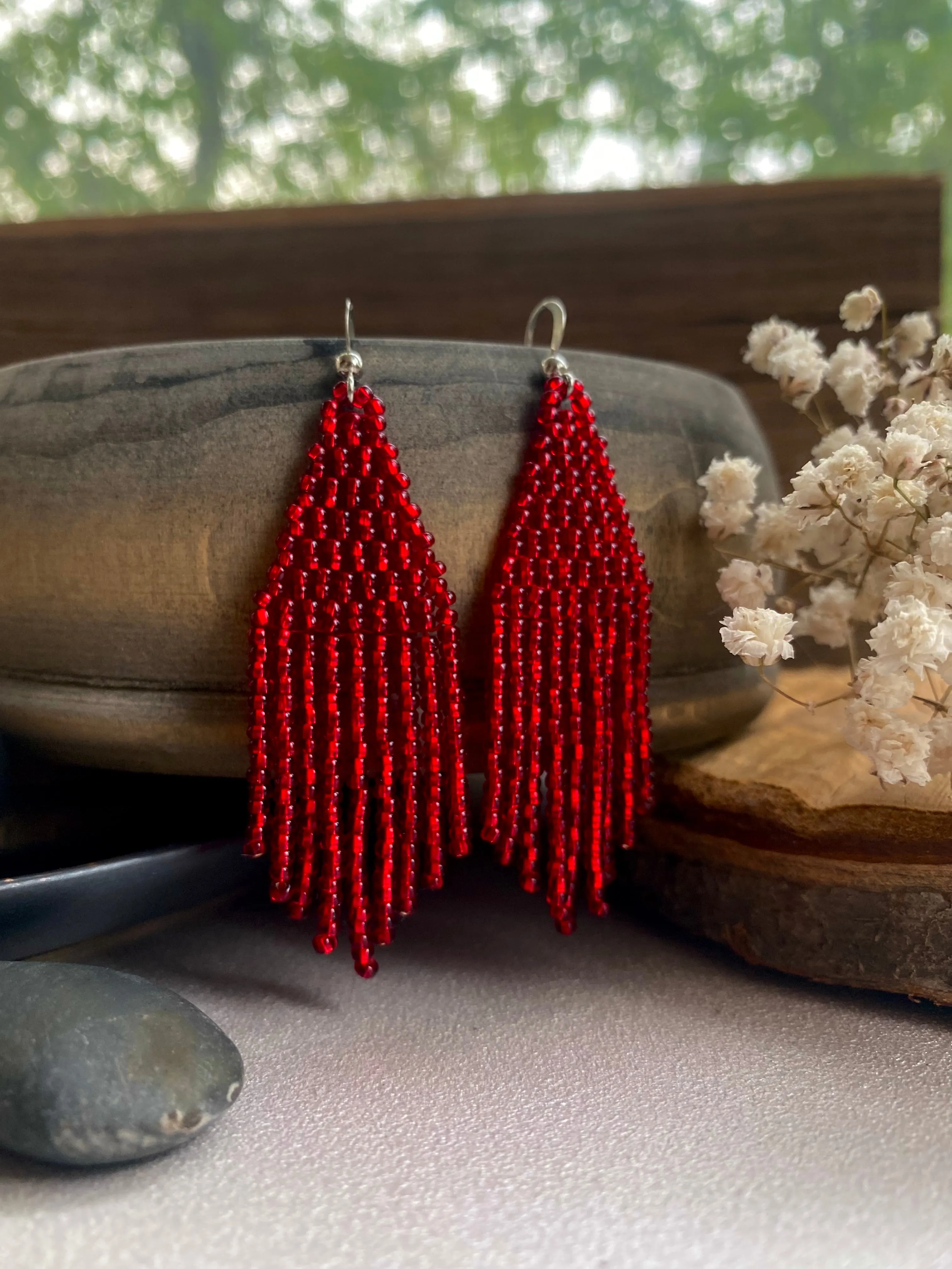 Shiny Red Seed Bead Earrings, Fringe Festive Chandelier Earring, Boho Hippie Earrings, Red Dainty Statement Earring, Dangle Earring Handmade