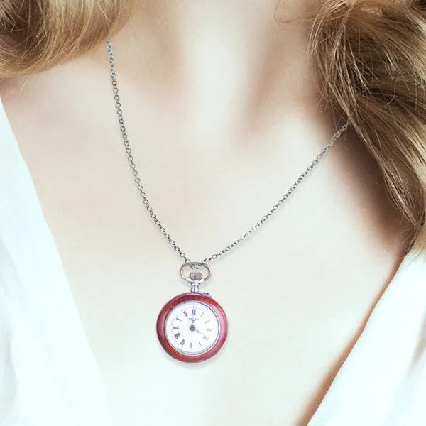 Silver & Red Guilloche Enamel Watch Pendant