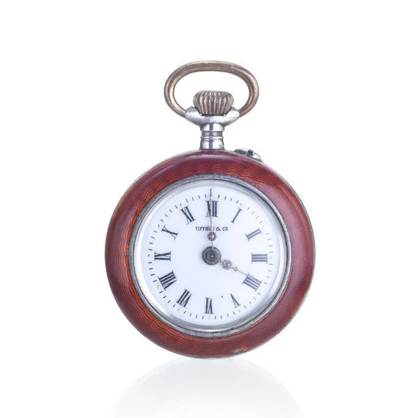 Silver & Red Guilloche Enamel Watch Pendant