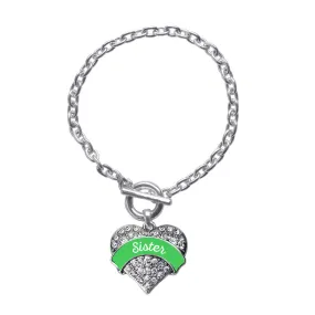 Silver Emerald Green Sister Pave Heart Charm Toggle Bracelet