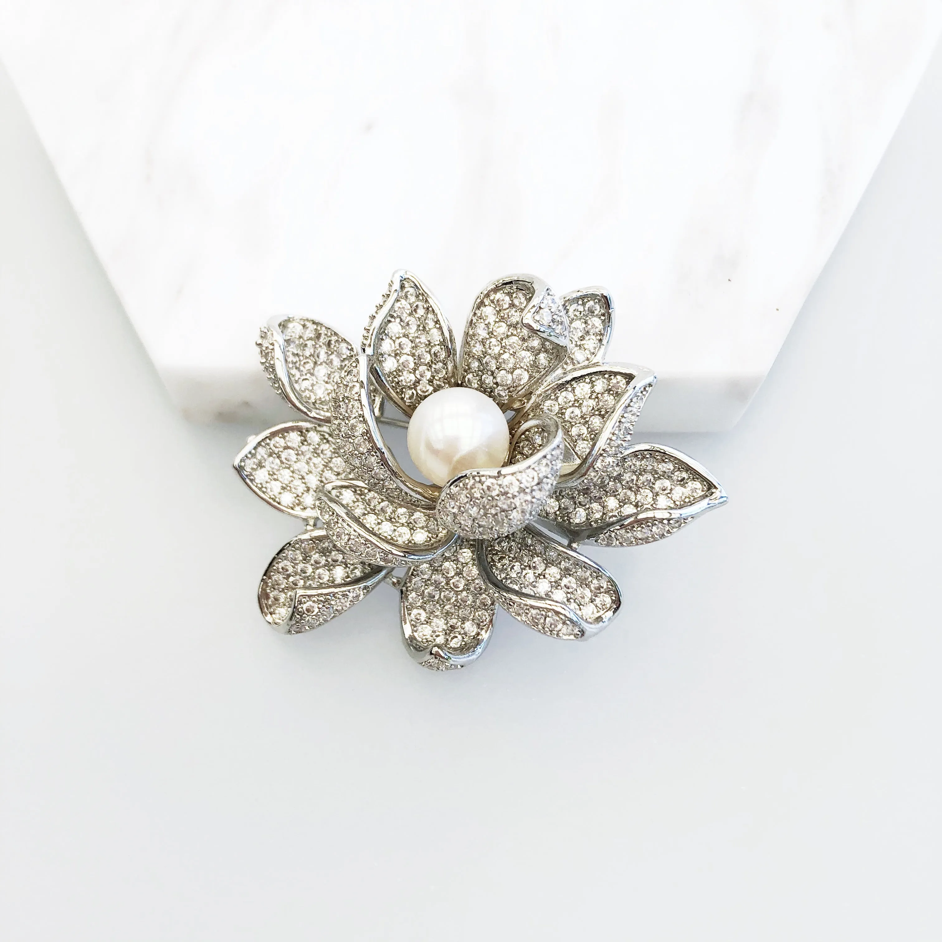 Silver Plated Lotus Zircon Brooch Pendant