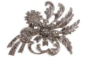 Silver tone flower marcasite brooch