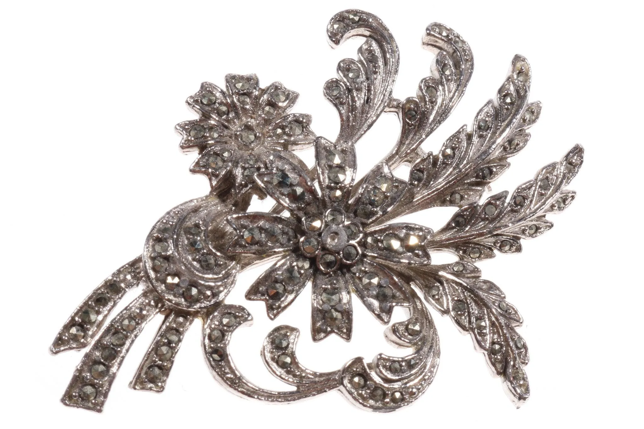 Silver tone flower marcasite brooch