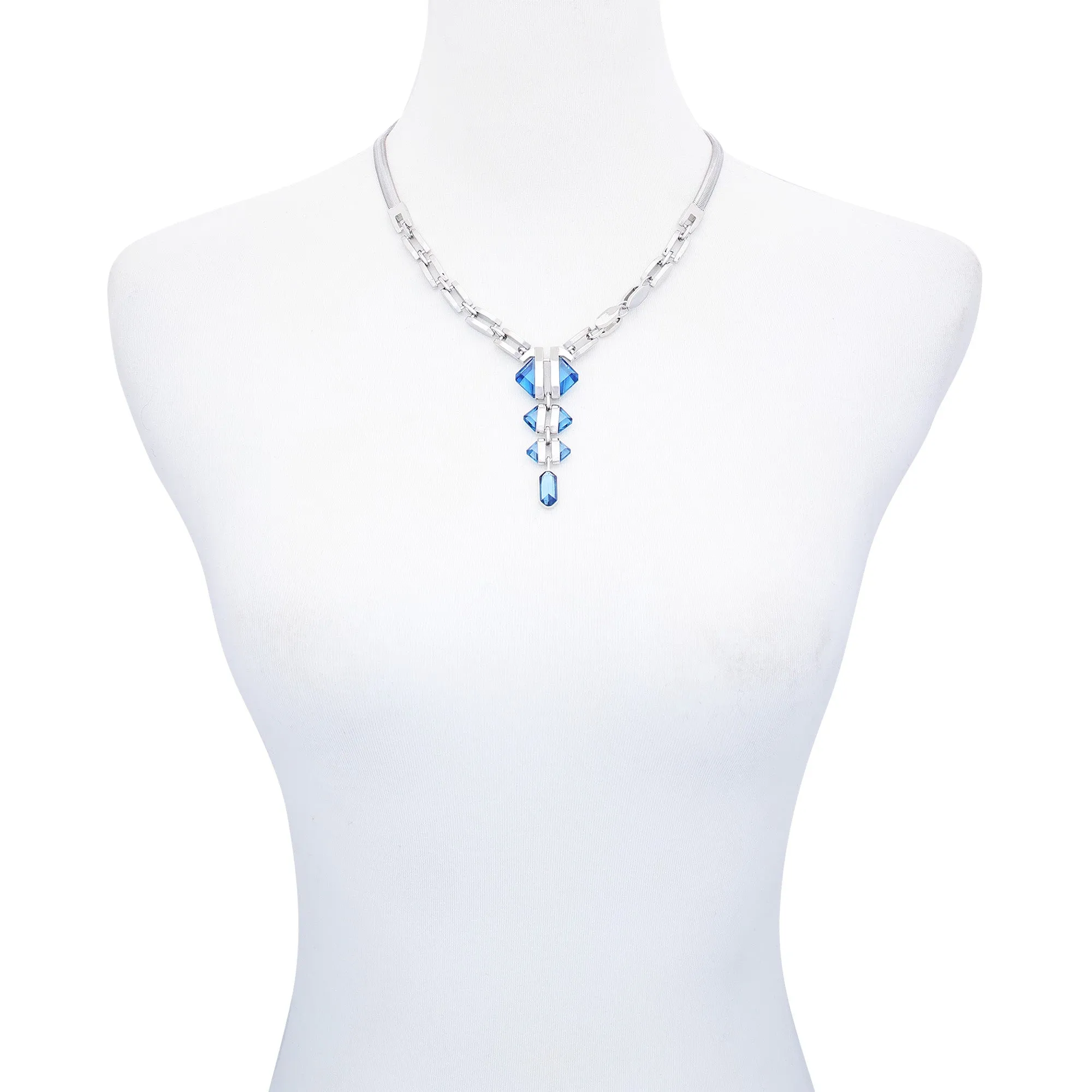 Silvertone Blue Stone Pendant Statement Necklace