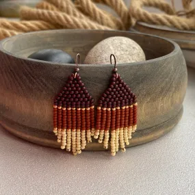 Small Fringe Brown Beige Seed Bead Earrings, Gold Earthy Chandelier Earrings, Cowgirl Western Earrings