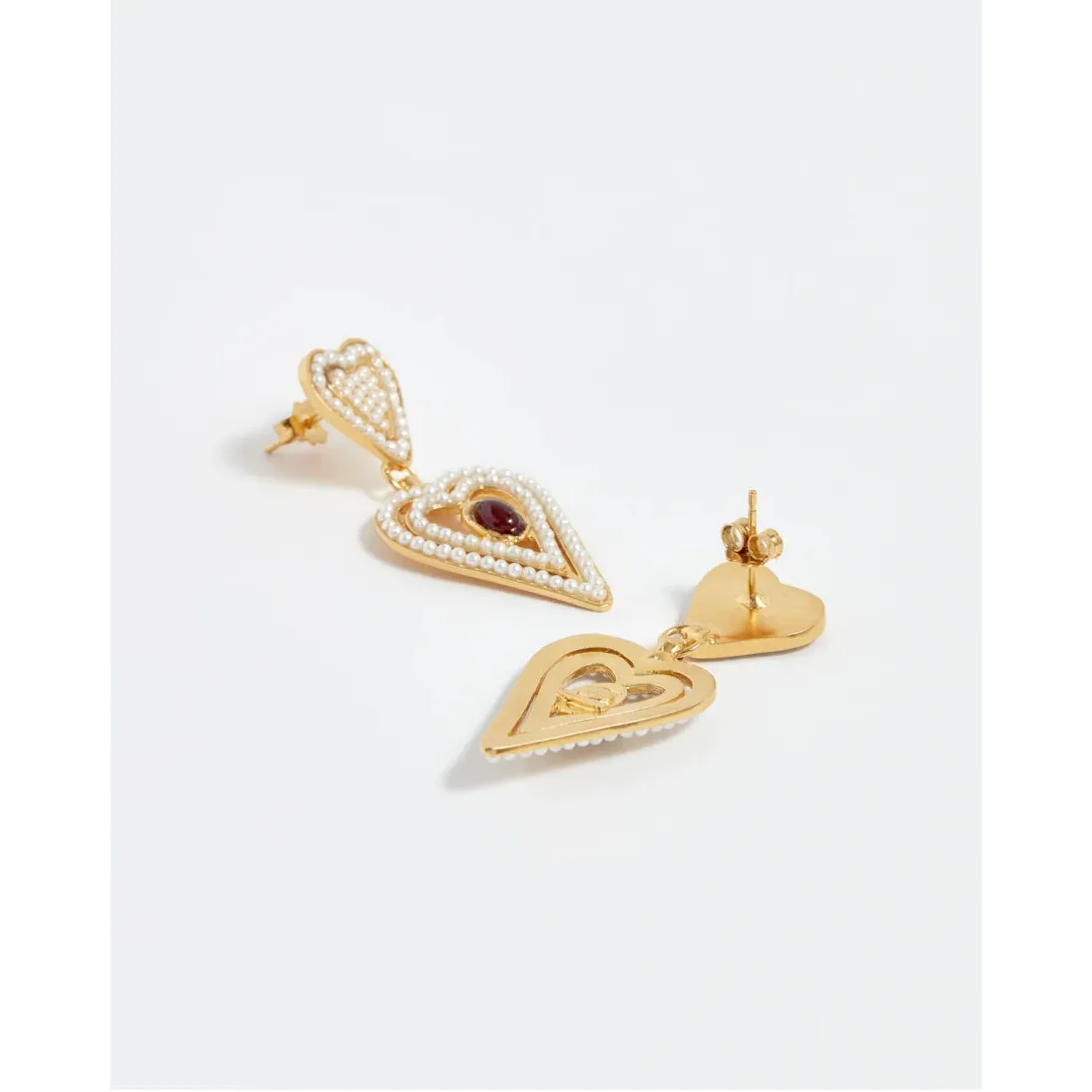 Soru Hand Made 18ct Gold Plated Silver Mini Pearls and Red Garnets Amore Earrings