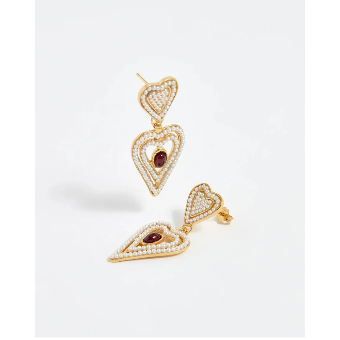 Soru Hand Made 18ct Gold Plated Silver Mini Pearls and Red Garnets Amore Earrings