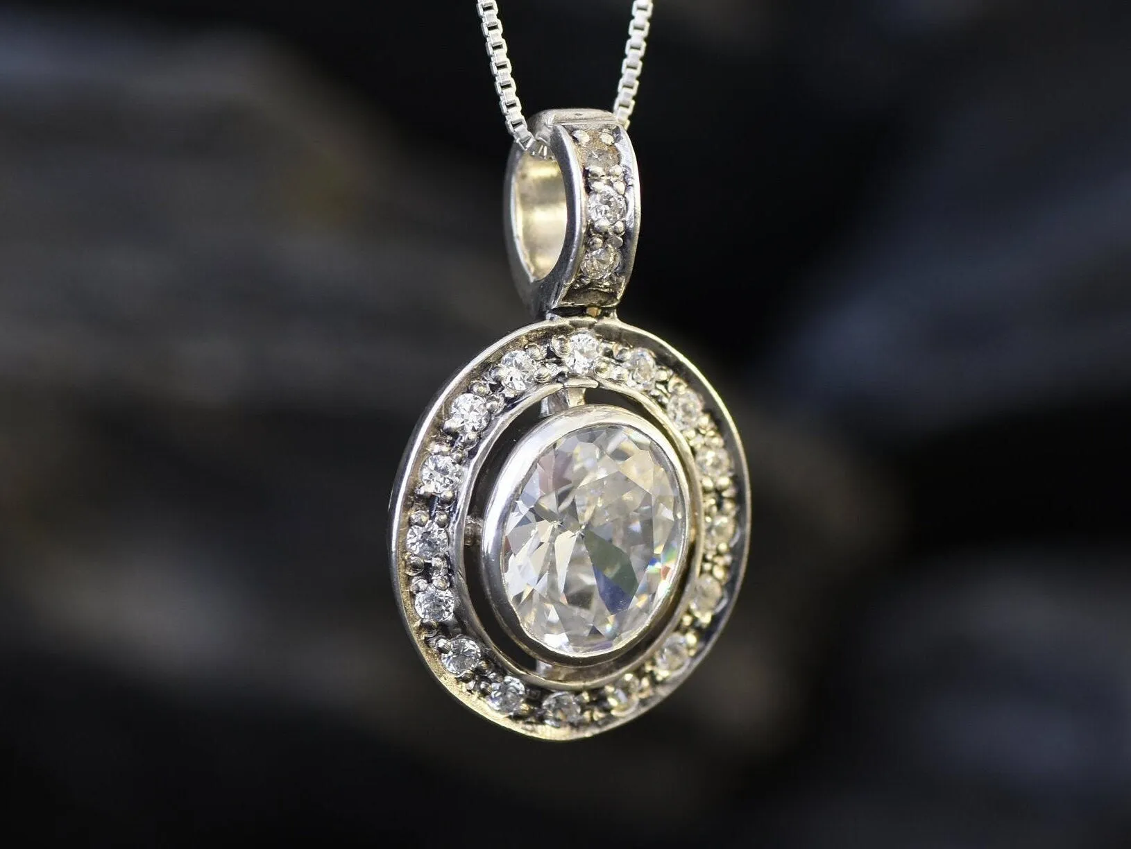 Sparkly Diamond Necklace - Vintage Bezel Pendant - Classy Bridal Necklace