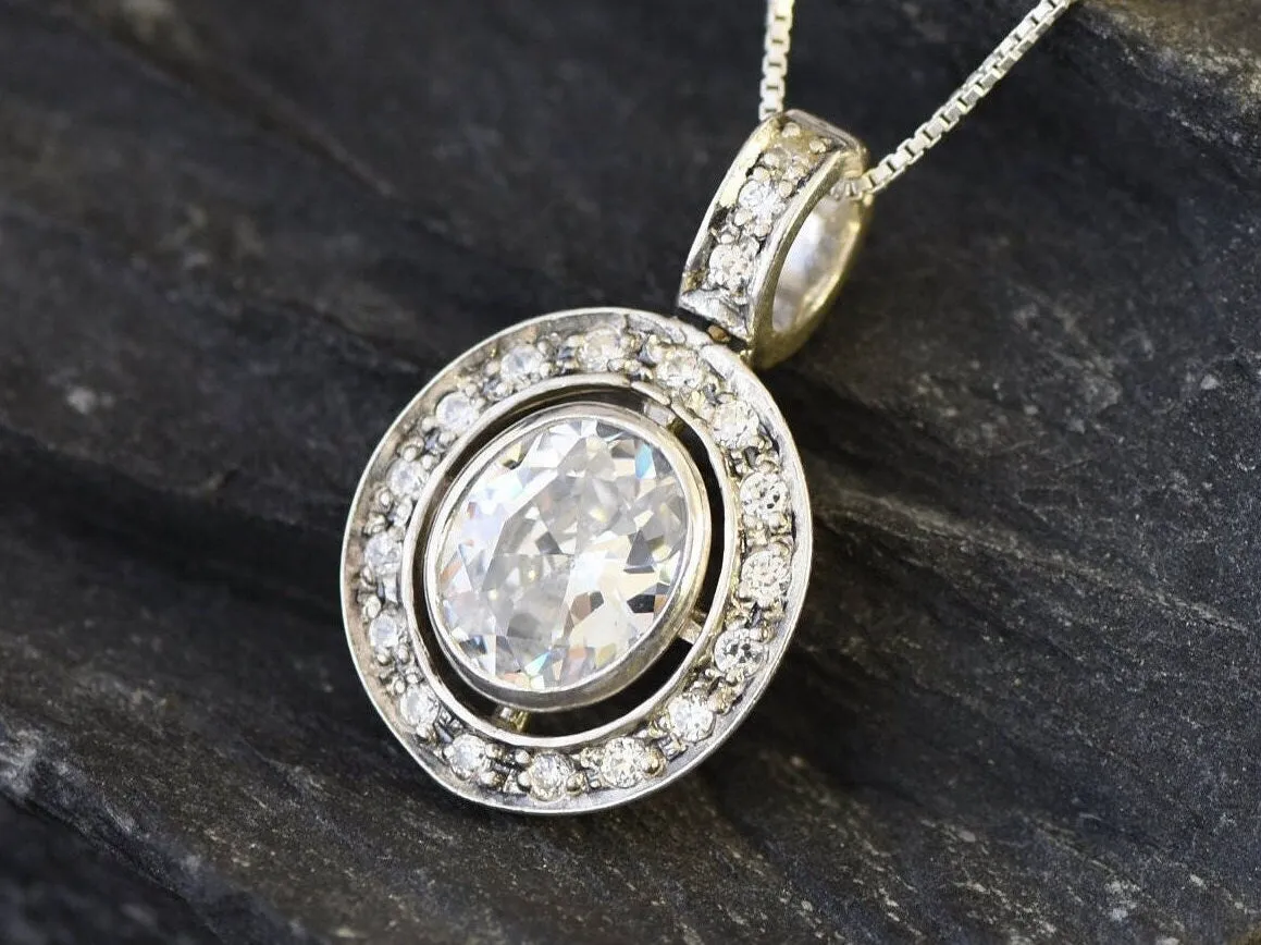 Sparkly Diamond Necklace - Vintage Bezel Pendant - Classy Bridal Necklace