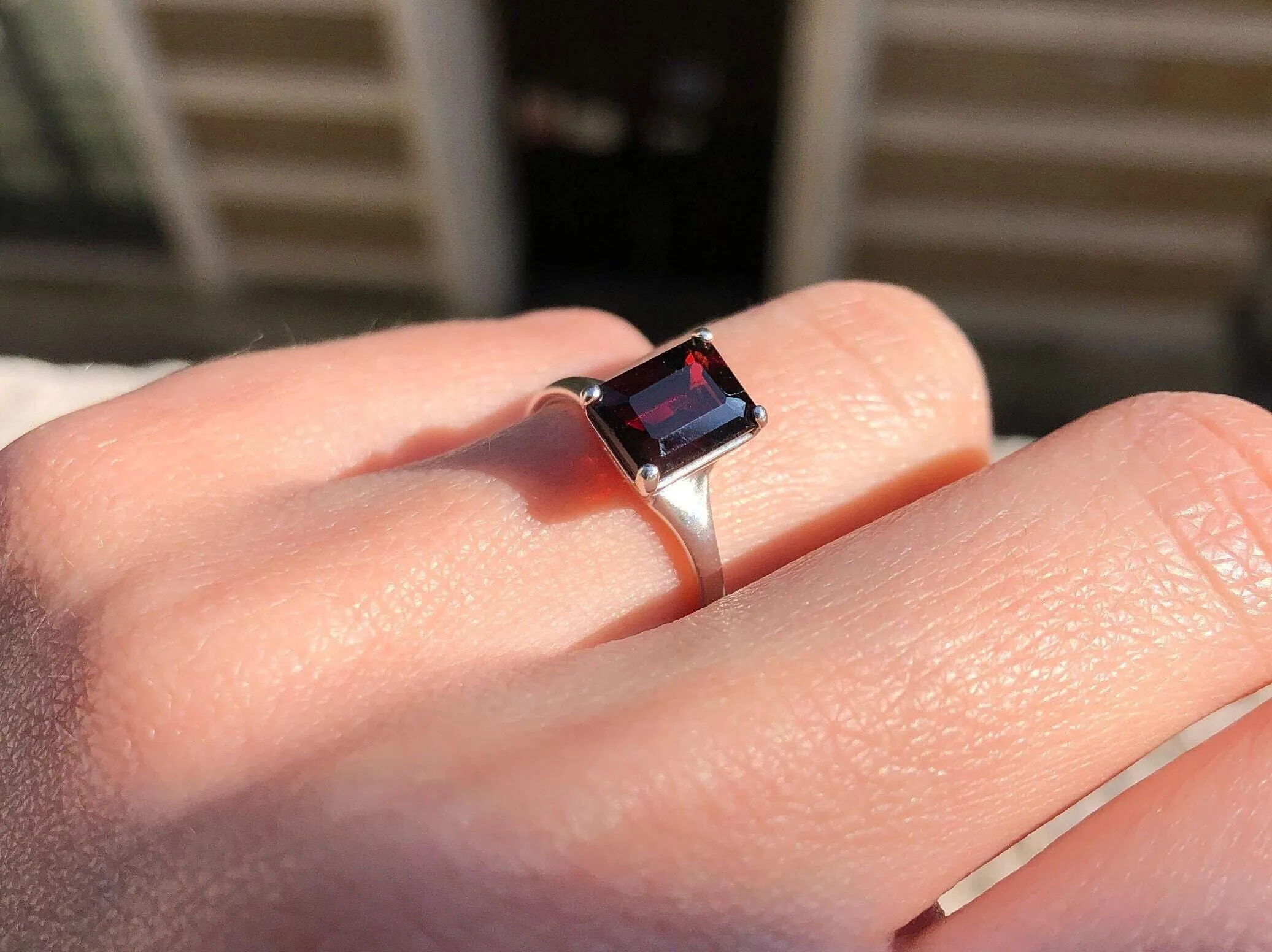 Square Garnet Ring - Natural Garnet Ring, Red Solitaire Ring