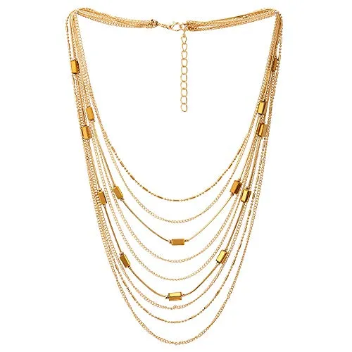 Statement Choker Collar Necklace Waterfall Multi-Strand Chain with Rectangle Crystal Bead Charm