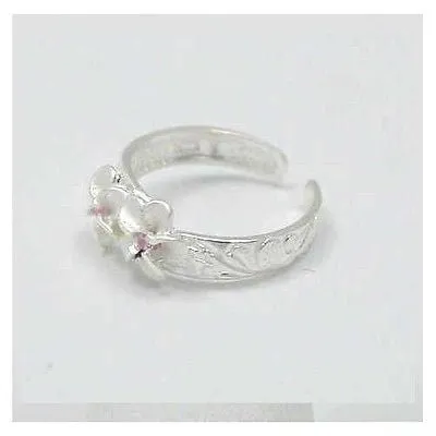 STERLING SILVER 925 HAWAIIAN 2 PLUMERIA FLOWER SCROLL TOE RING PINK CZ