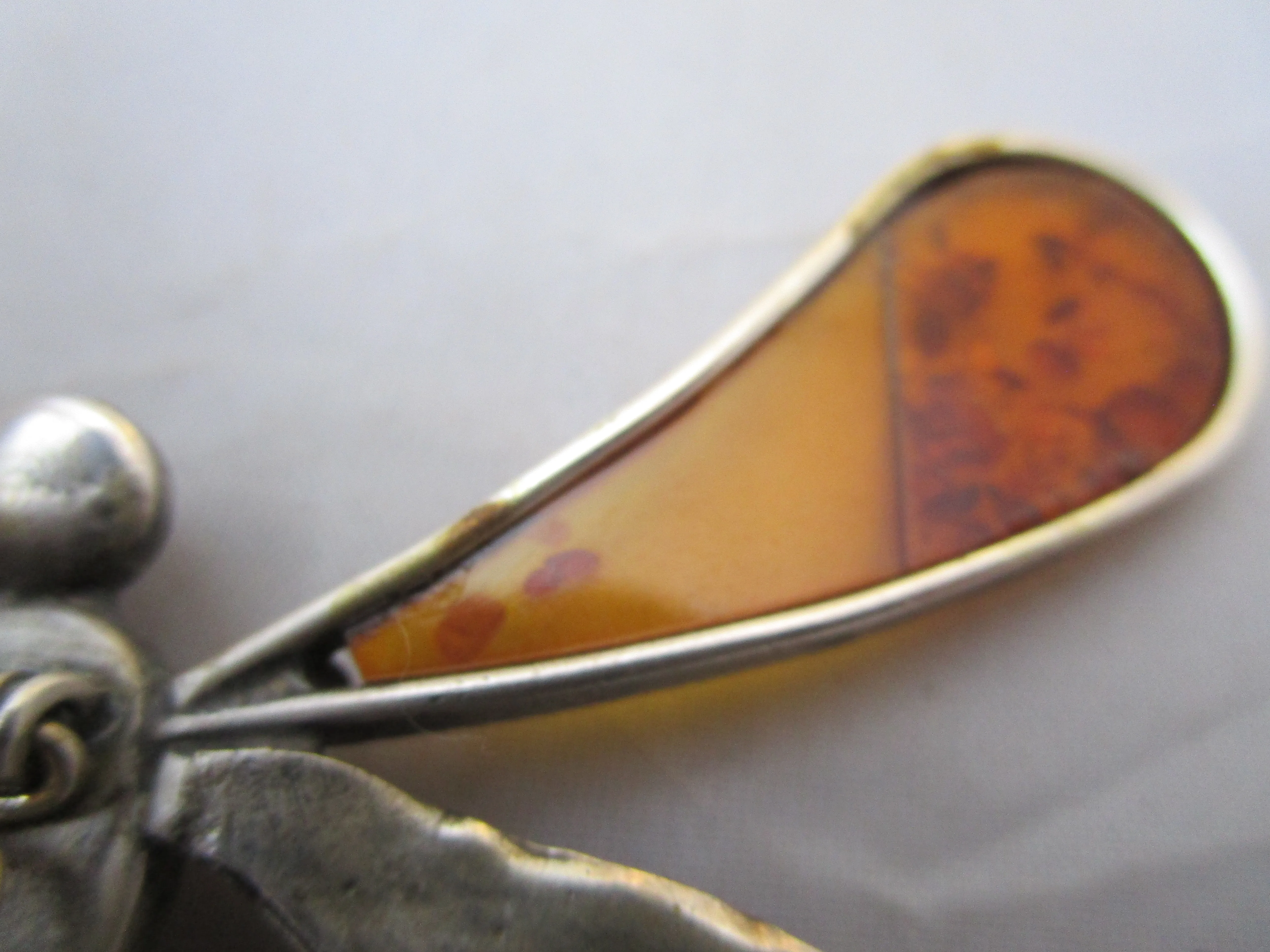 Sterling Silver And Amber Dragonfly Brooch Pin Vintage c1970