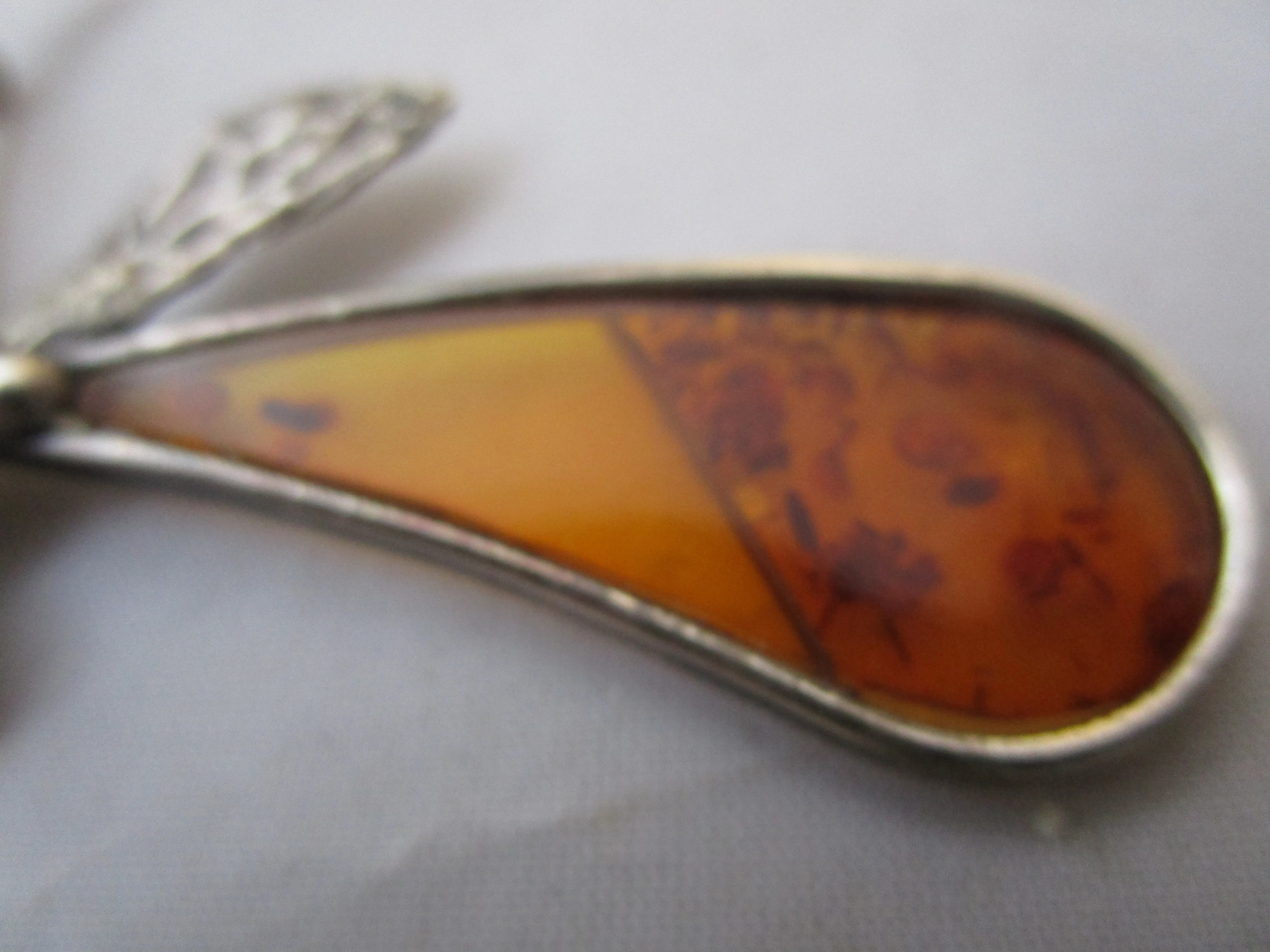 Sterling Silver And Amber Dragonfly Brooch Pin Vintage c1970