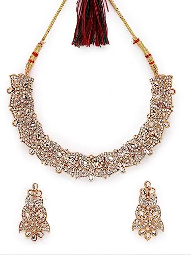 Sukkhi Fierce Gold Plated AD White Stone Collar Bone Necklace Set And Earring | Jewellery Set For Women (NS105708)