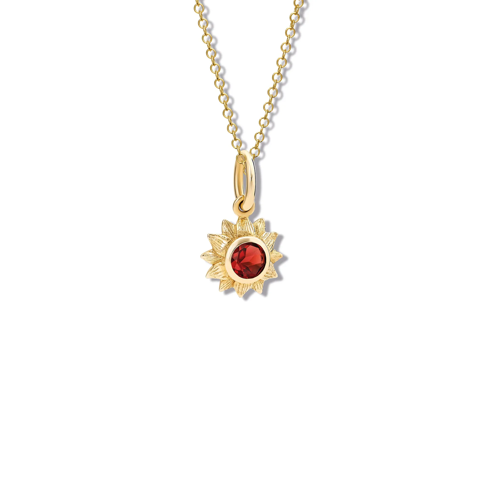 Sunflower Necklace Pendant Yellow Gold - Red Garnet