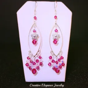 Swarovski Crystal In Fuchsia, Sterling Silver Chandelier Earrings