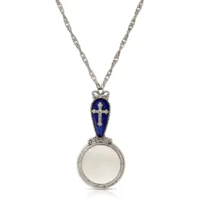 Symbols Of Faith Blue Enamel & Cross Magnifying Glass Pendant Necklace 28" - Magnification Power: 2-3X