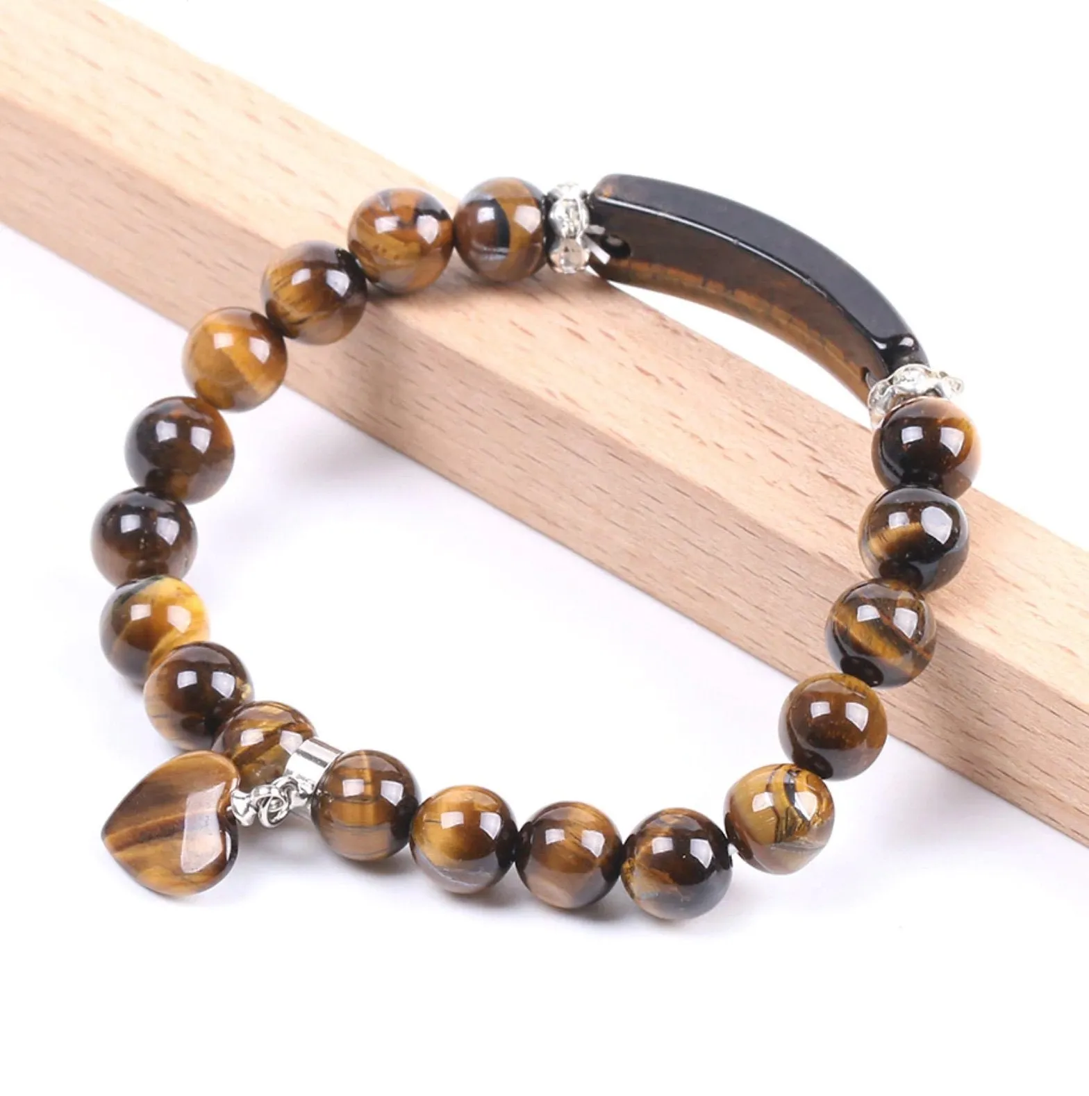 Tiger's Eye Beads Heart Pendant Bracelet