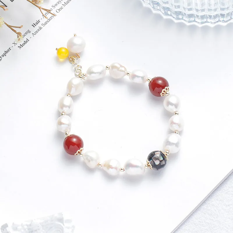 Transshipment Red Agate and Freshwater Pearl Bracelet for Women with Sterling Silver Details