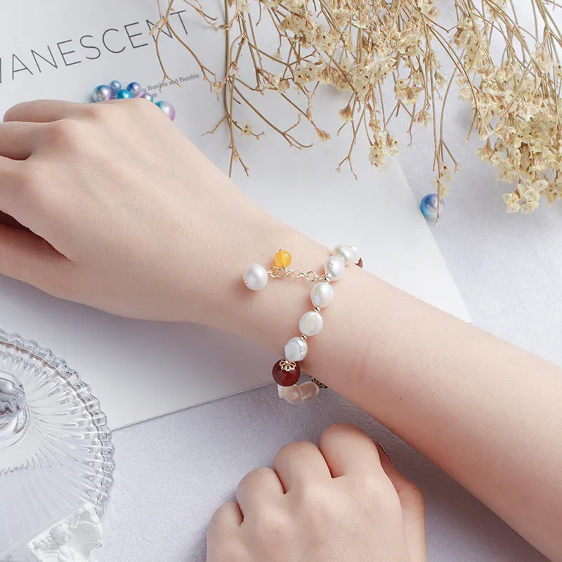 Transshipment Red Agate and Freshwater Pearl Bracelet for Women with Sterling Silver Details