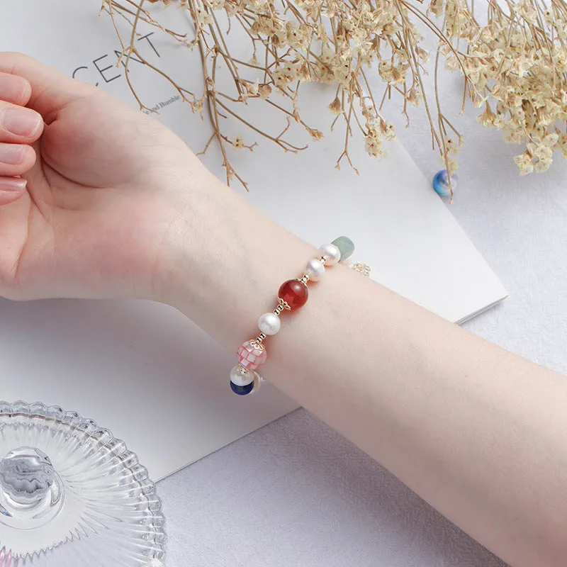 Transshipment Red Agate and Freshwater Pearl Bracelet for Women with Sterling Silver Details