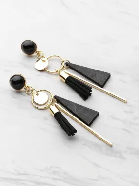 Triangle And Tassel Detail Drop Earrings With Gemstone