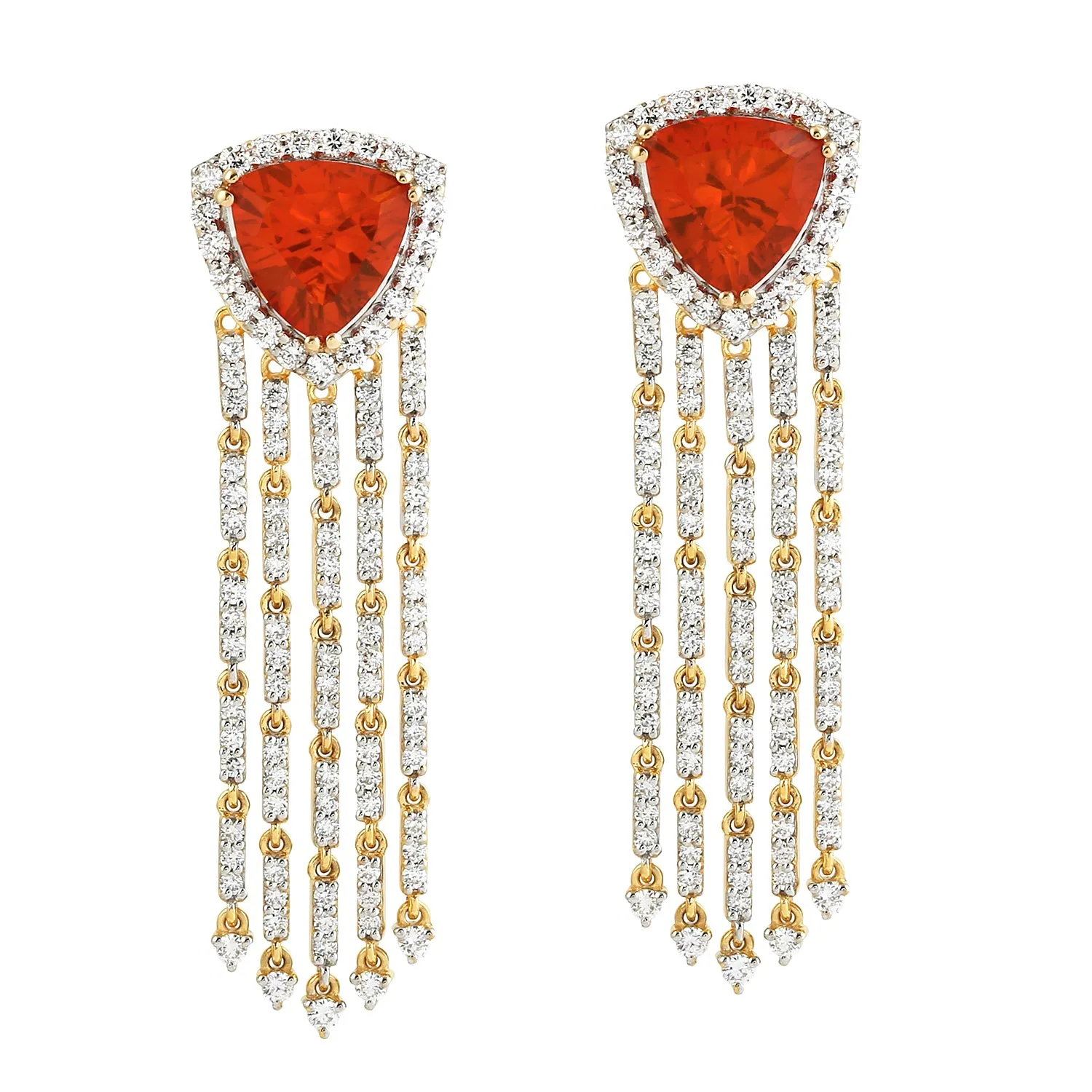 Trillion Cut Opal Fire October Birthstone Pave Diamond Chandelier Earrings In White Gold