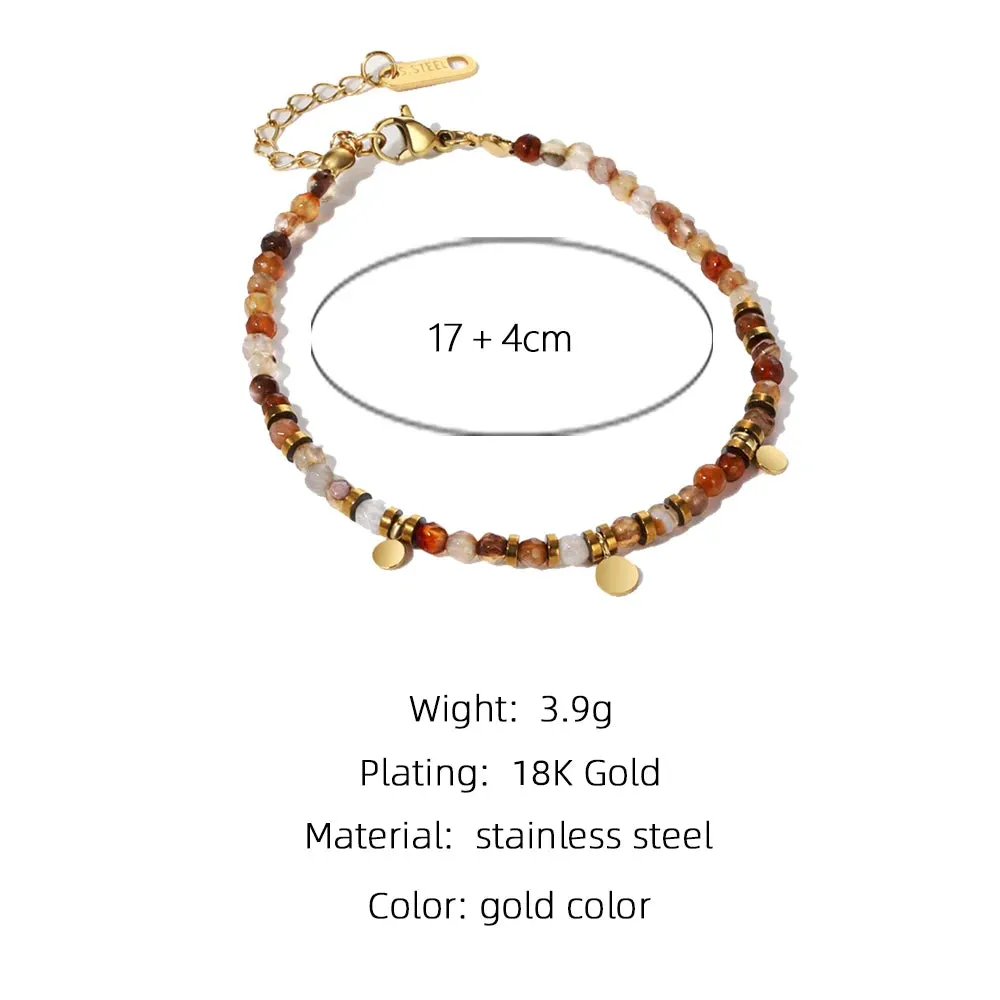 VAIGE Vintage Natural Stone & Stainless Steel Charm Bracelet with Brown Beads - Trendy Aesthetic Jewelry