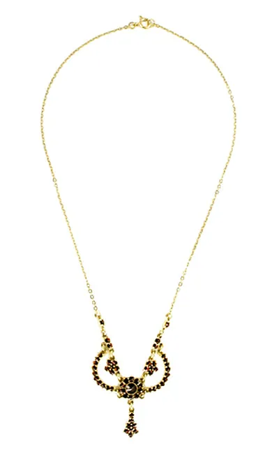 Victorian Bohemian Garnet Teardrop Necklace in Sterling Silver and Yellow Gold Vermeil