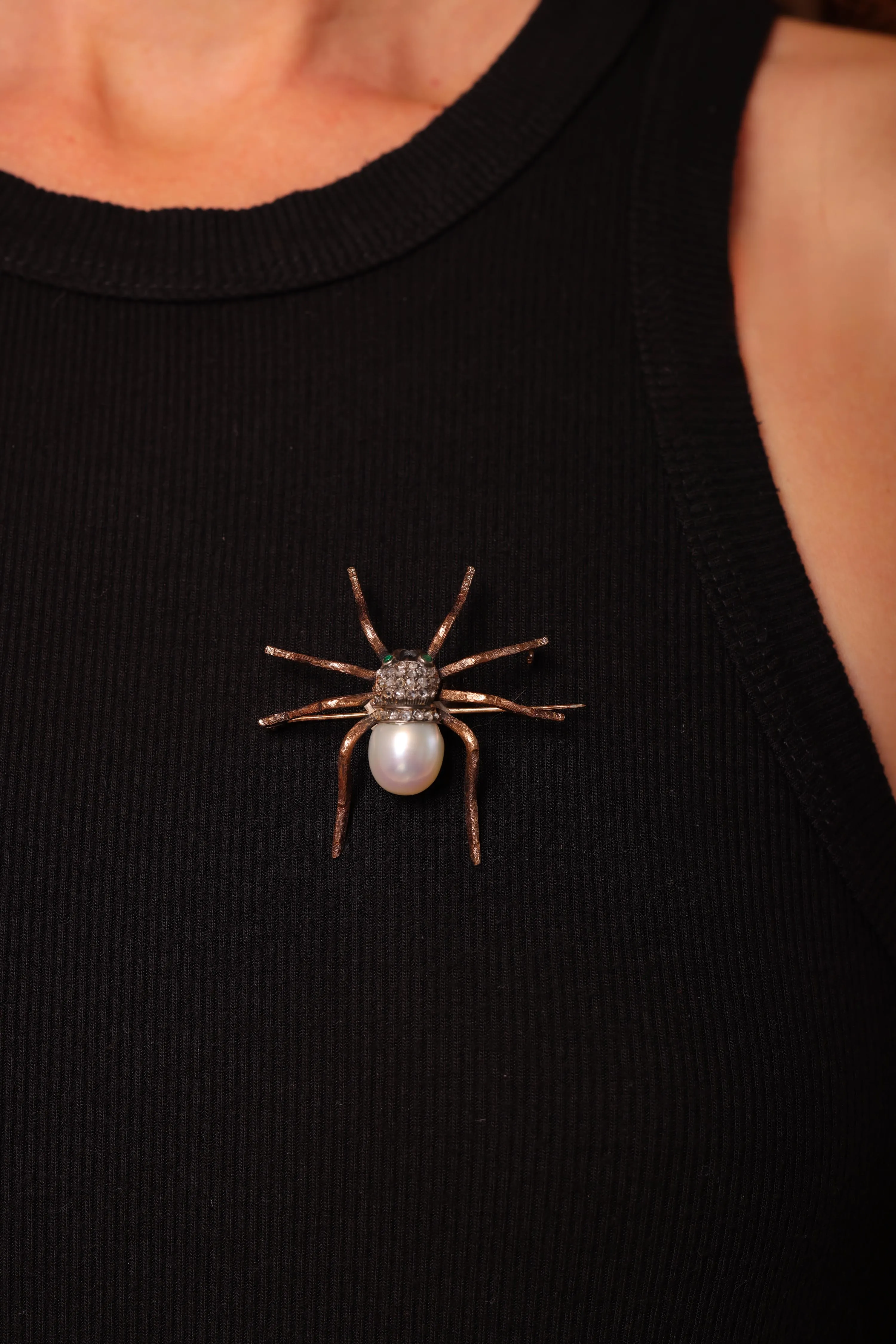 Victorian Revival Inspired Pearl Diamond 18K Rose Gold Silver Tarantula Brooch