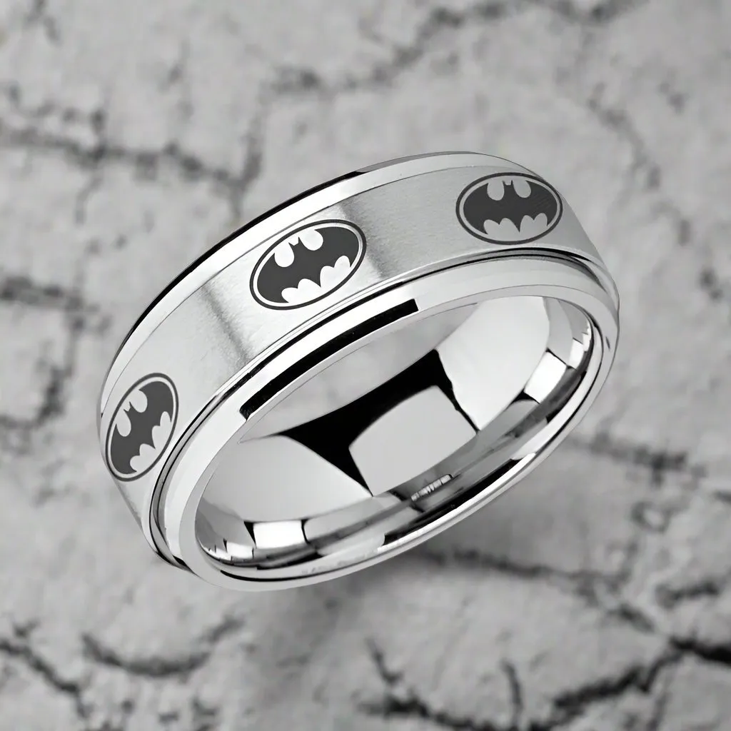 VIGILANTE | Silver Tungsten Ring, Fidget Spinner, Laser Engraved Batmen, Beveled