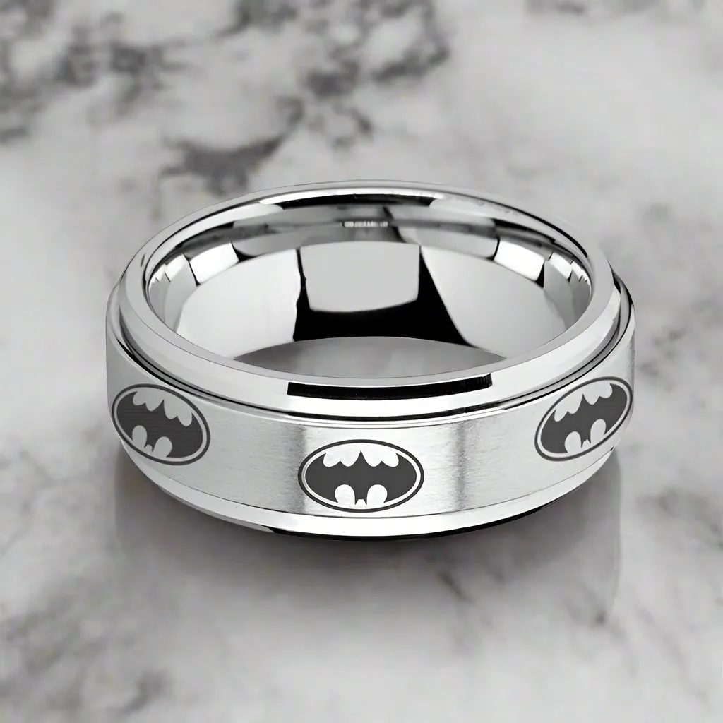 VIGILANTE | Silver Tungsten Ring, Fidget Spinner, Laser Engraved Batmen, Beveled