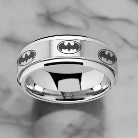 VIGILANTE | Silver Tungsten Ring, Fidget Spinner, Laser Engraved Batmen, Beveled