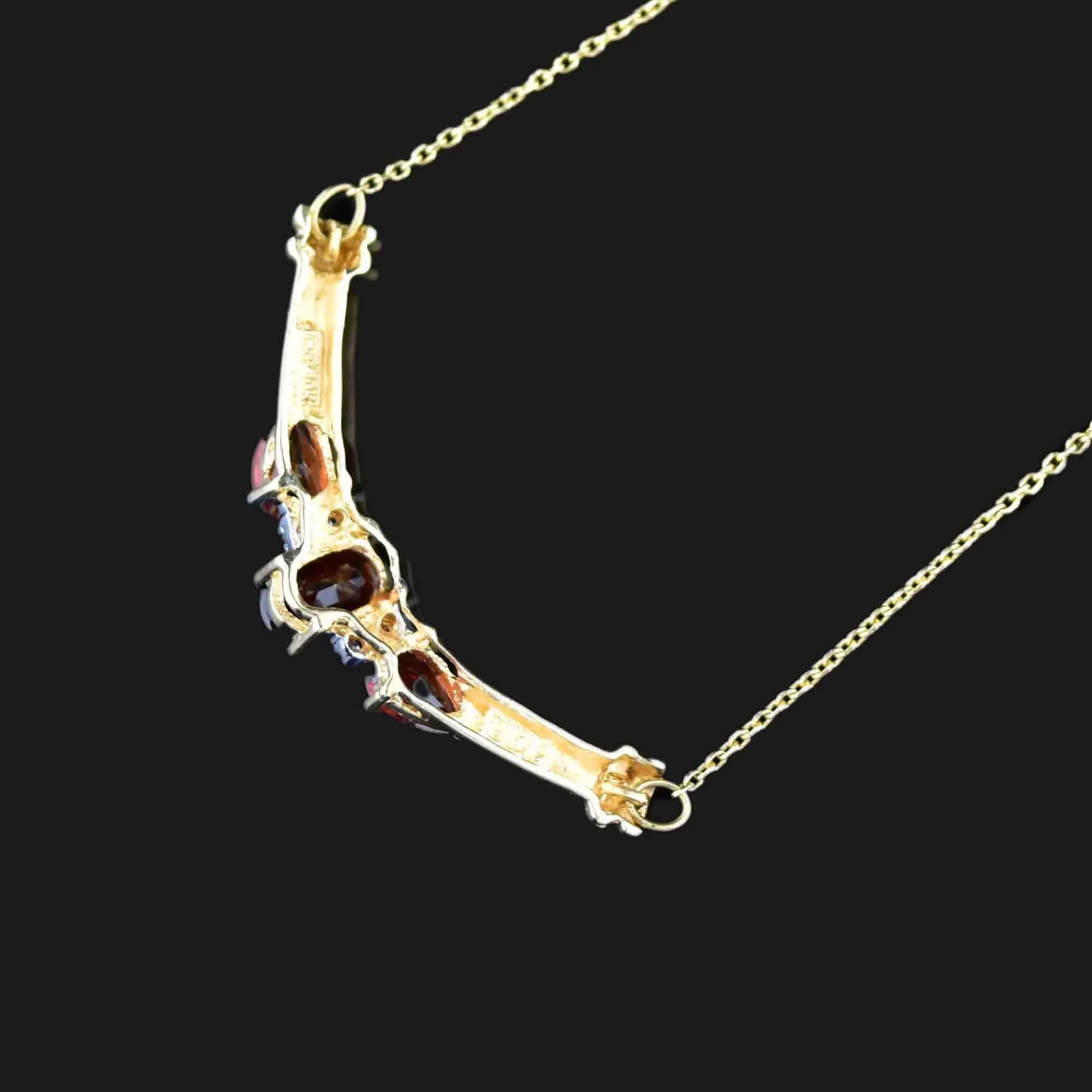 Vintage 10K Gold Garnet Diamond Bar Pendant Necklace