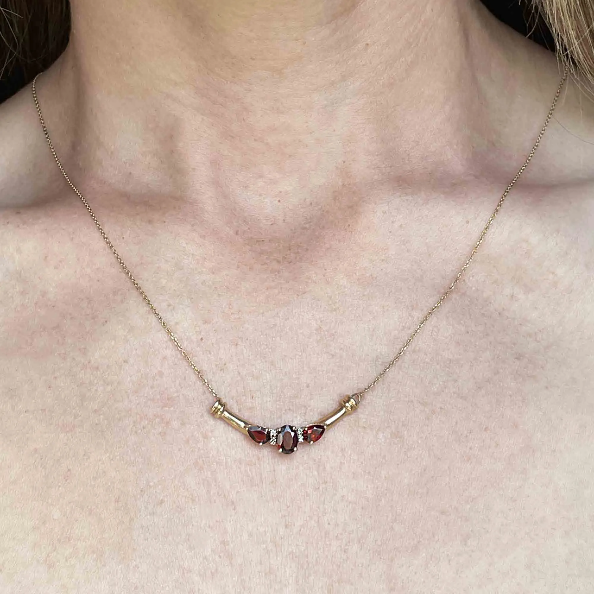 Vintage 10K Gold Garnet Diamond Bar Pendant Necklace