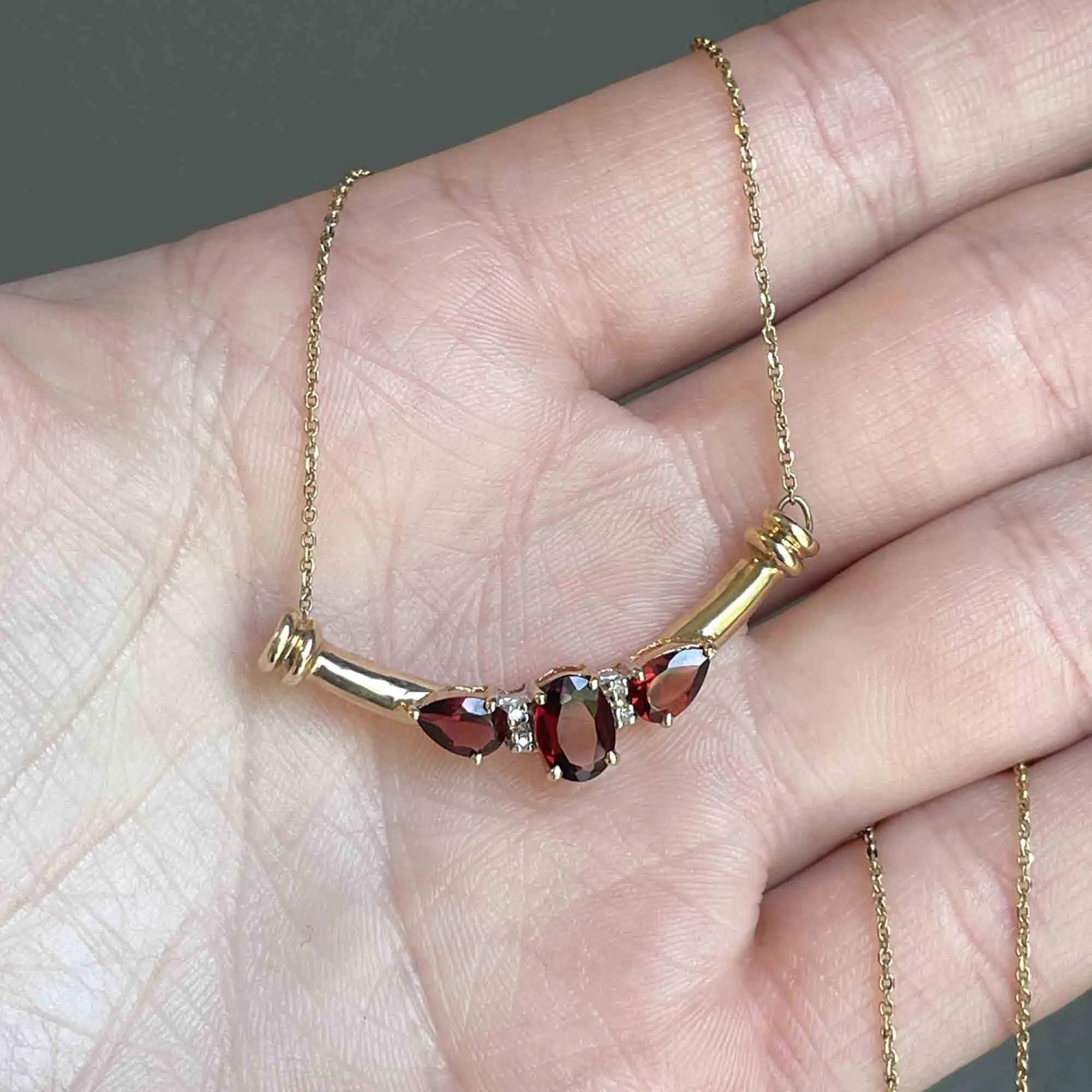 Vintage 10K Gold Garnet Diamond Bar Pendant Necklace