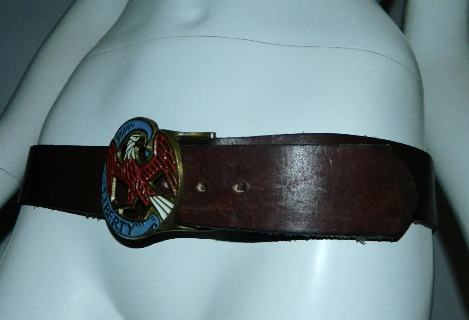 vintage 1970s leather belt Brass eagle buckle LIBERTY enamel 36 38