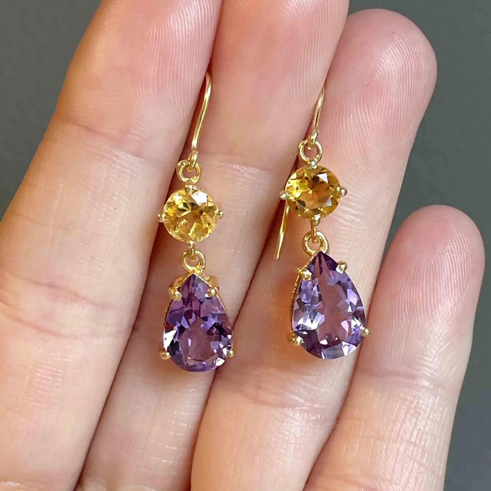 Vintage Amethyst Citrine Gold Teardrop Earrings