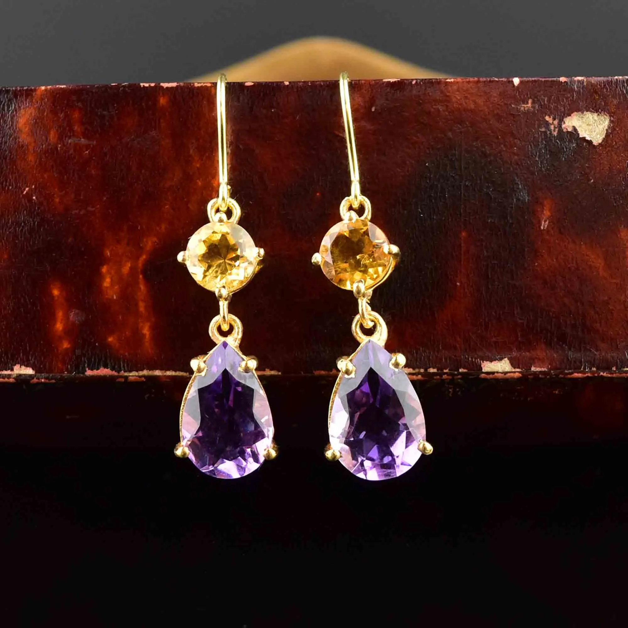 Vintage Amethyst Citrine Gold Teardrop Earrings