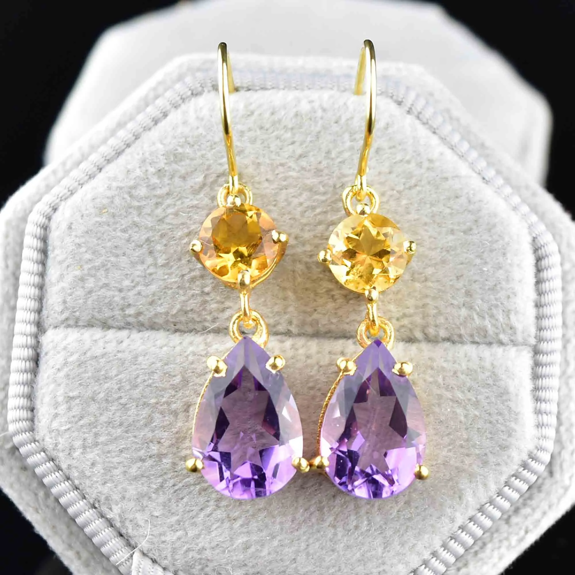 Vintage Amethyst Citrine Gold Teardrop Earrings