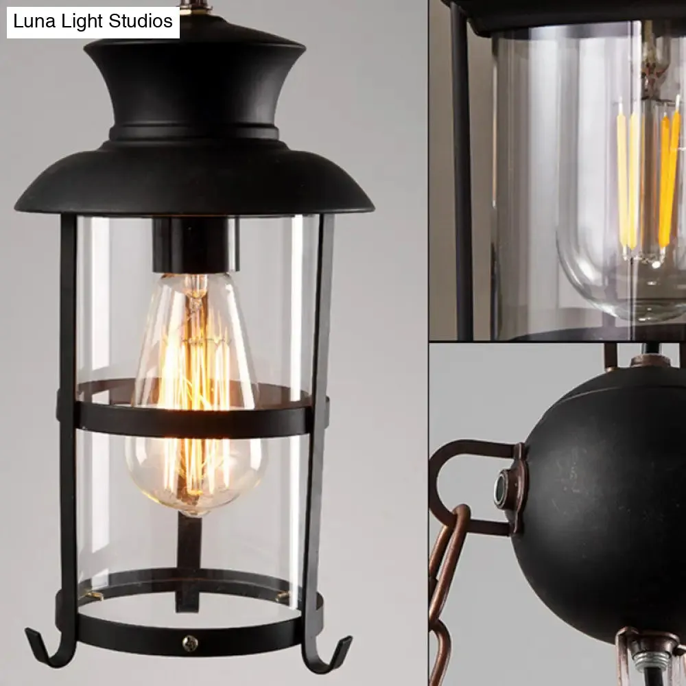 Vintage Distressed Wood Lantern Pendant Light with Clear Glass for Restaurants