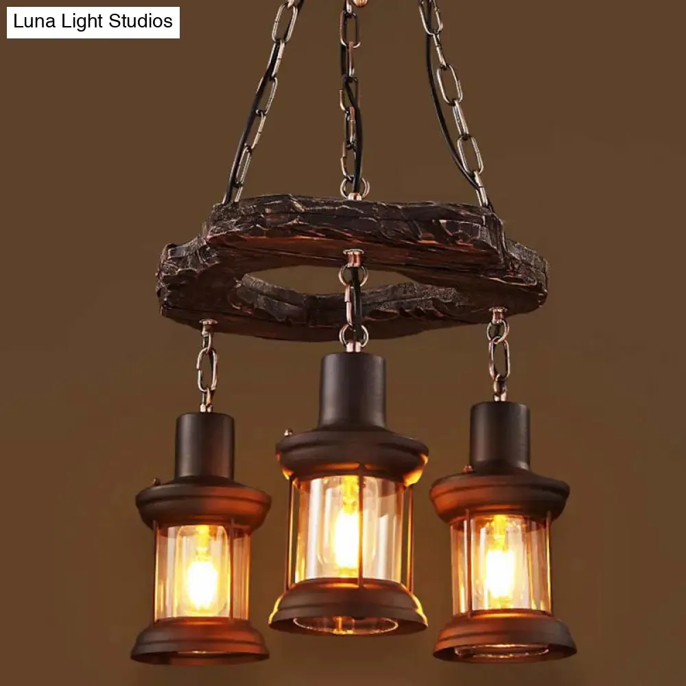 Vintage Distressed Wood Lantern Pendant Light with Clear Glass for Restaurants