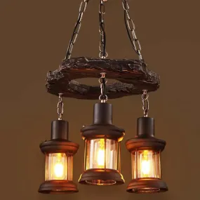 Vintage Distressed Wood Lantern Pendant Light with Clear Glass for Restaurants