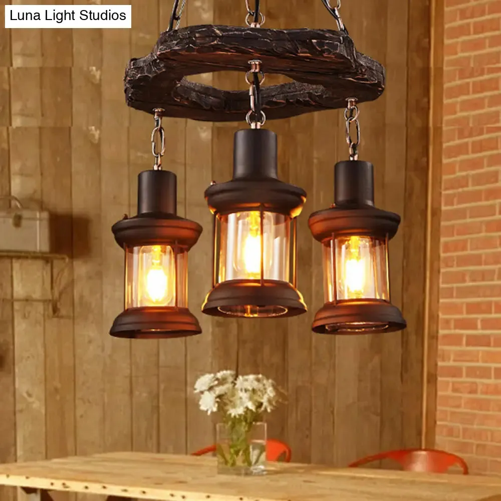 Vintage Distressed Wood Lantern Pendant Light with Clear Glass for Restaurants