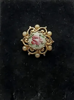 Vintage Hand Painted Guilloche Enamel Gold Tone Brooch