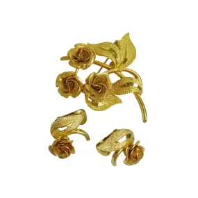 Vintage Signed Coro Goldtone Floral Brooch and Earring Set |1980s