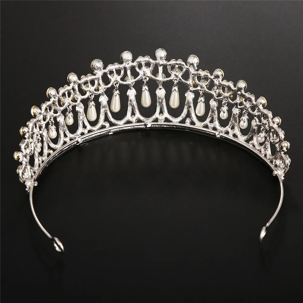 Vintage Silver Plated Queen Princess Diana Crown Crystal Pearl Diadem For Bridal Hair Accessories Bride Headbands Tiara De Noiva