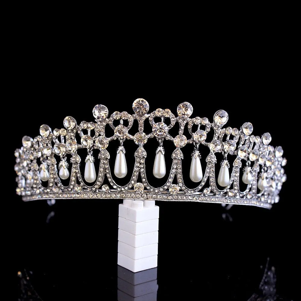 Vintage Silver Plated Queen Princess Diana Crown Crystal Pearl Diadem For Bridal Hair Accessories Bride Headbands Tiara De Noiva